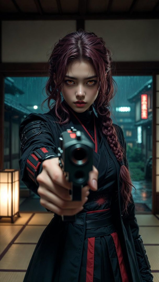 A woman with red hair and a black and red kimono points a gun directly at the viewer in a dimly lit indoor setting with a rainy outdoor view.