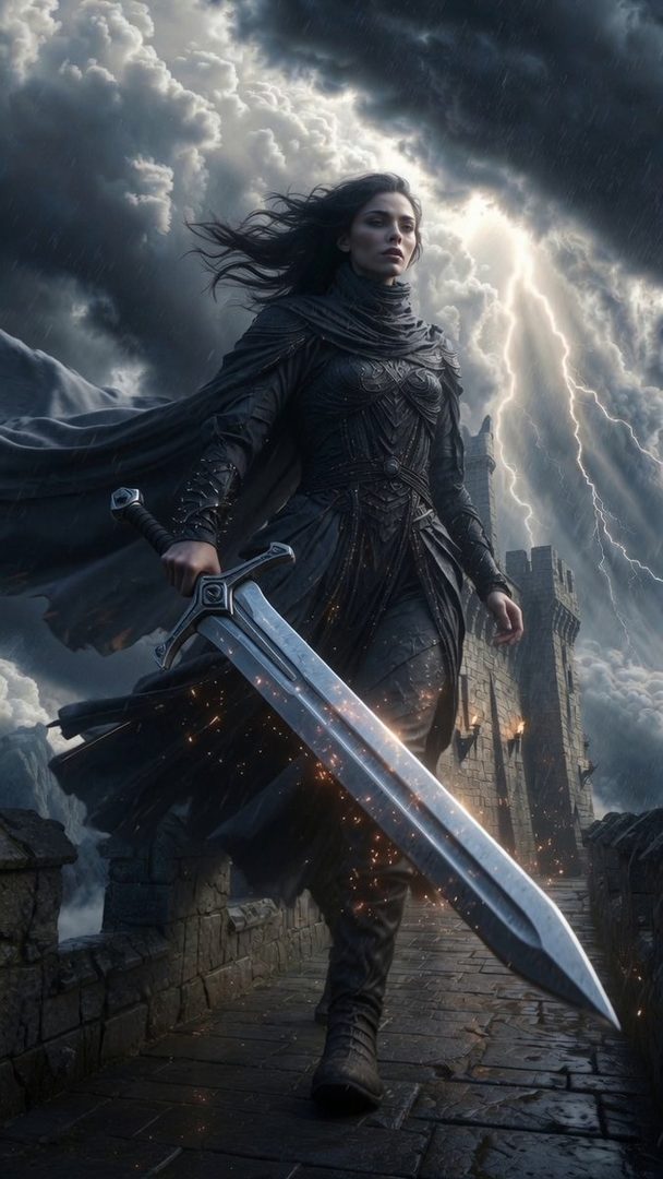 A fantasy warrior woman in dark attire holds a large sword on a castle wall during a stormy night with lightning.