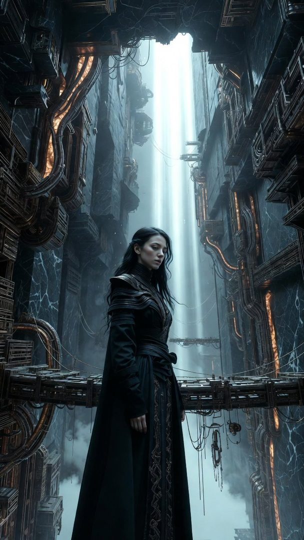 A woman with long black hair in a dark dress stands in a futuristic, industrial setting with light streaming from above.