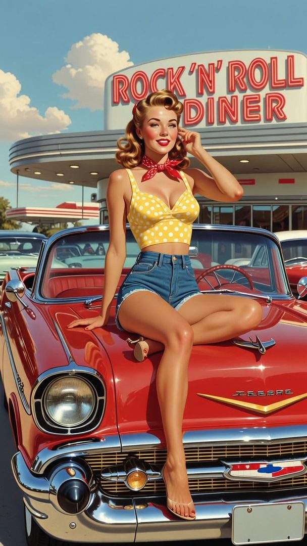 A retro-style pin-up girl with blonde curly hair and a red bandana, wearing a yellow polka dot top and denim shorts, sitting on the hood of a red vintage car in front of a 'Rock 'N Roll Diner'.