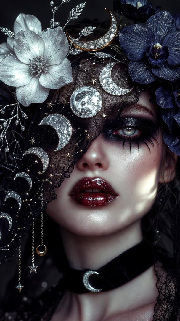 A close-up portrait of a woman with dark makeup, red glitter lips, and an elaborate headpiece adorned with silver moons and flowers.