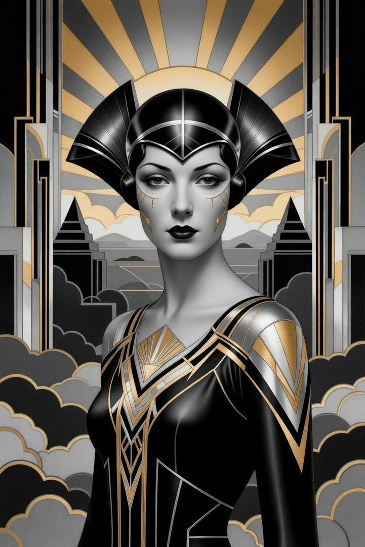 An Art Deco-inspired portrait of a woman with a black and gold headdress and dress, set against a stylized cityscape.