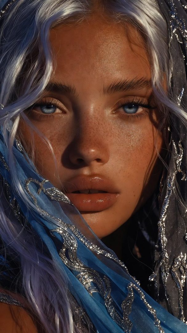 A close-up portrait of a woman with white hair and blue eyes, wearing a blue and silver veil, with a dreamy and cinematic mood.
