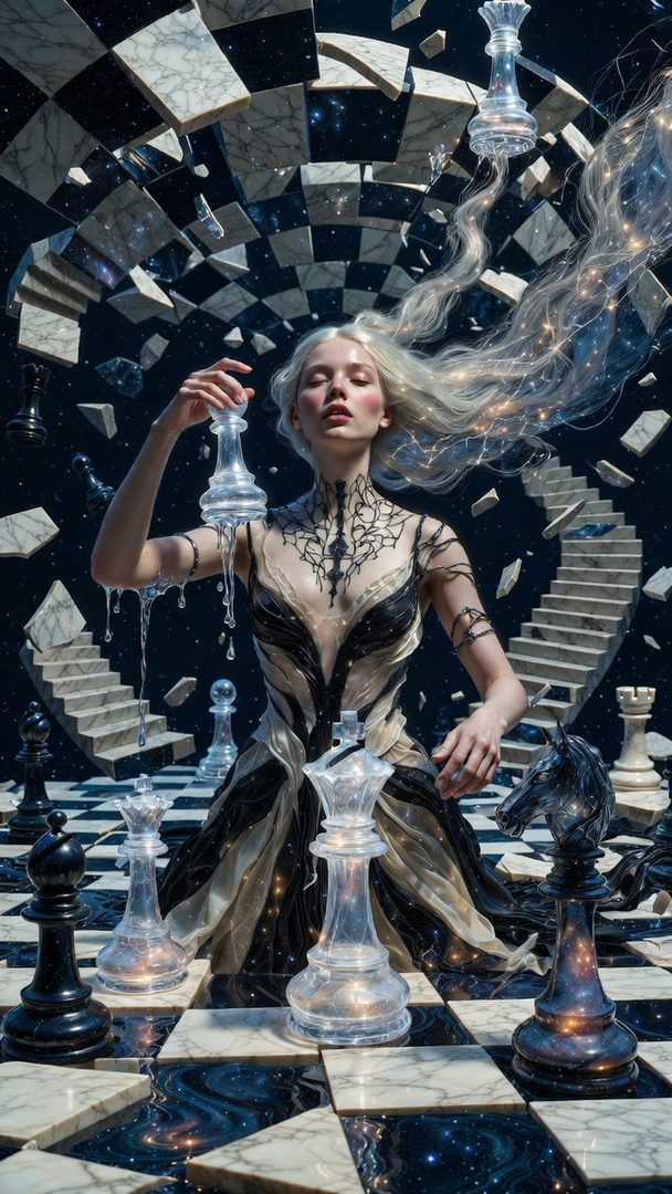 A woman with long blonde hair in a fantasy dress holds a chess piece on a surreal chessboard with floating pieces and stairs.