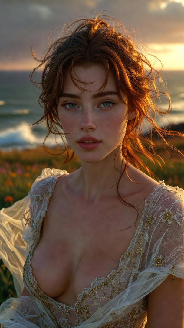A photorealistic portrait of a woman with red hair and a sheer dress, standing outdoors during golden hour by the sea.