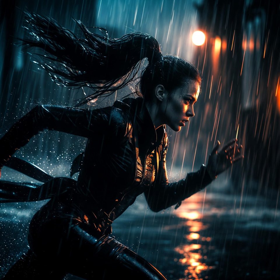 A woman with a ponytail runs through a rainy city street at night, illuminated by orange streetlights.