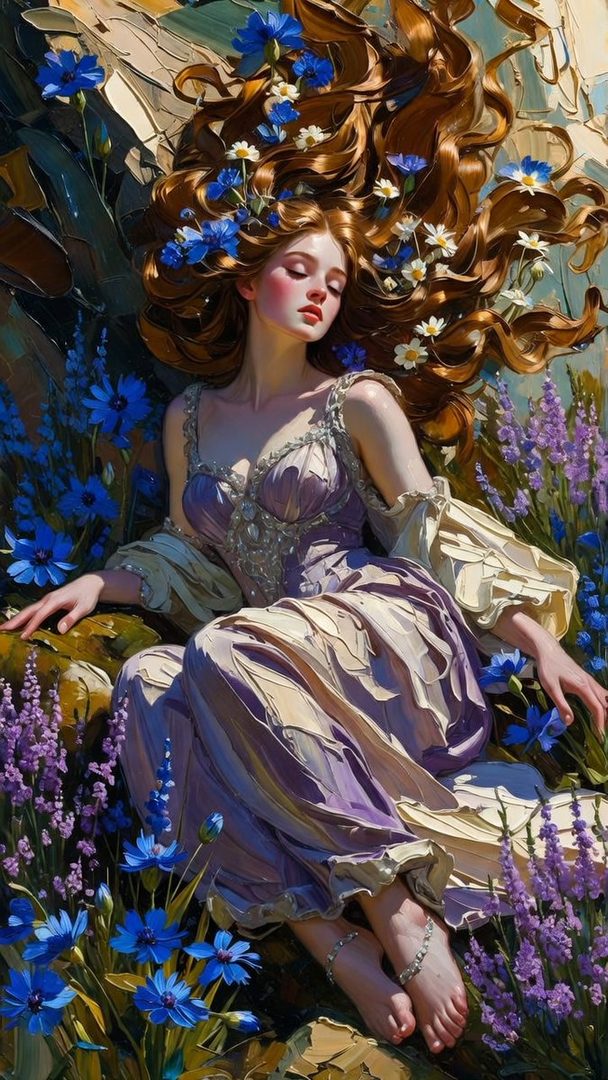 A beautiful woman with long brown hair adorned with blue and white flowers, wearing a purple dress, lying in a field of lavender and blue flowers in an impasto art style.