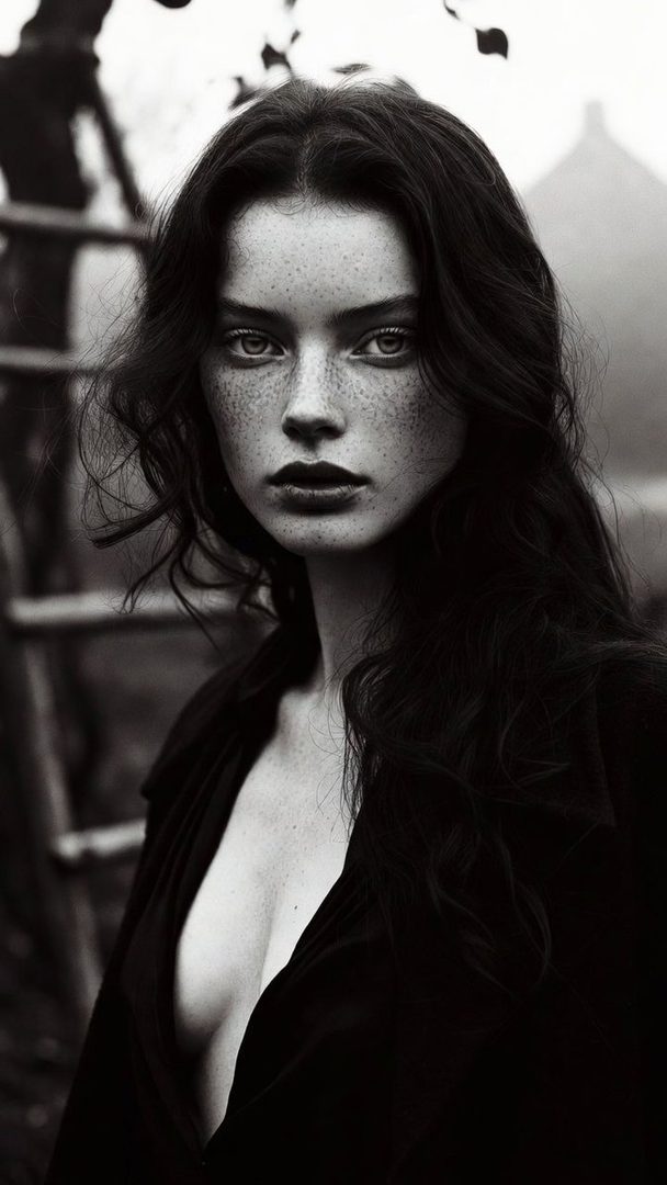 A black and white portrait of a woman with long dark hair and freckles, wearing a dark top.