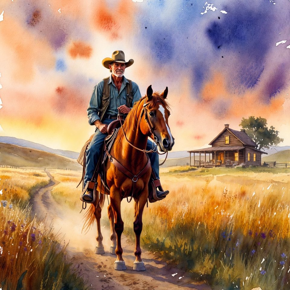A watercolor painting of a cowboy on horseback in a field at golden hour, with a cabin in the background.