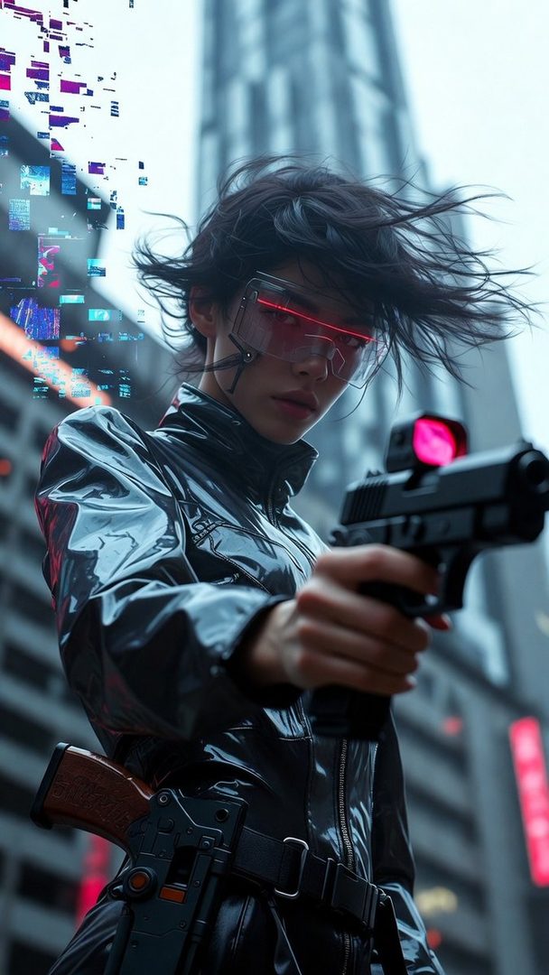 A cyberpunk woman in a black shiny jacket and red visor glasses holds a gun, with digital effects in the background.