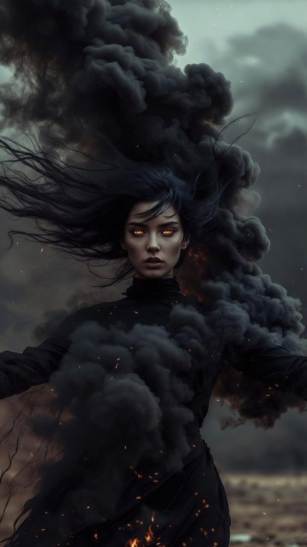 A woman with glowing orange eyes and long black hair stands amidst dark smoke and embers.