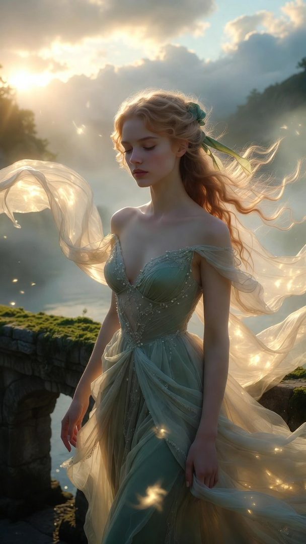 A beautiful woman with long blonde hair in a flowing green dress stands outdoors during golden hour, with a dreamy expression.