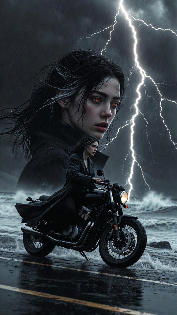 A woman with glowing orange eyes rides a motorcycle on a wet road by the ocean during a thunderstorm with lightning.