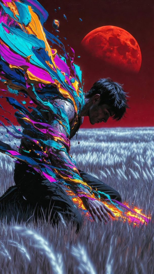 A man with colorful paint splatters on his body kneels in a field under a red moon.