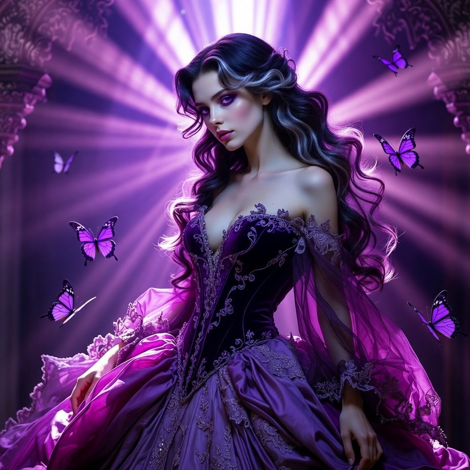 A beautiful woman with long dark hair and a purple dress is surrounded by purple butterflies in a fantasy setting.