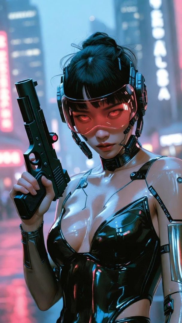A cyberpunk woman with red glowing eyes and a black shiny outfit holds a gun in a futuristic city at night.