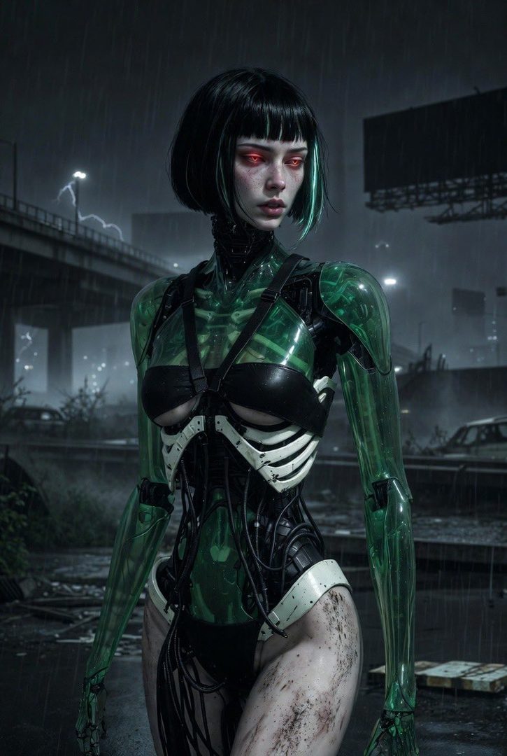 A cyberpunk woman with green transparent robotic parts and glowing red eyes stands in a rainy city at night.