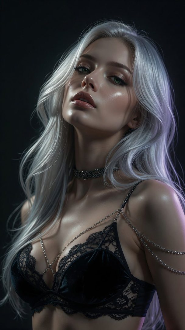 A photorealistic portrait of a woman with long silver hair and green eyes, wearing a black lace bra with chains, against a dark background.