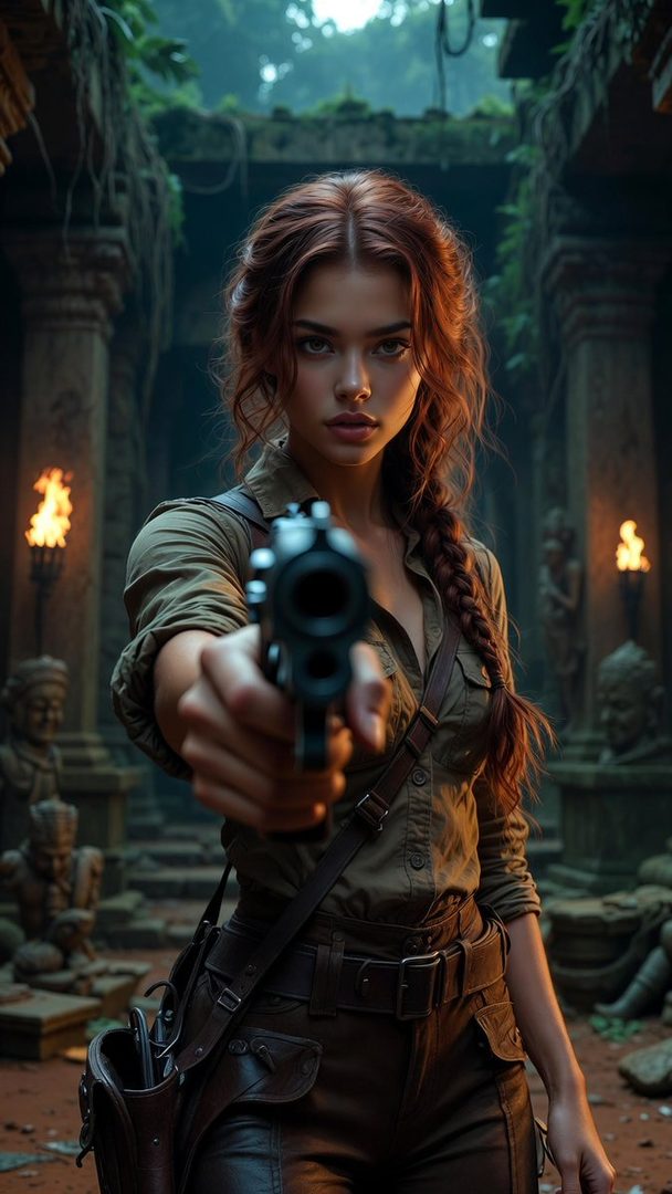 A woman with red braided hair points a gun directly at the viewer in a dark, ancient temple setting.