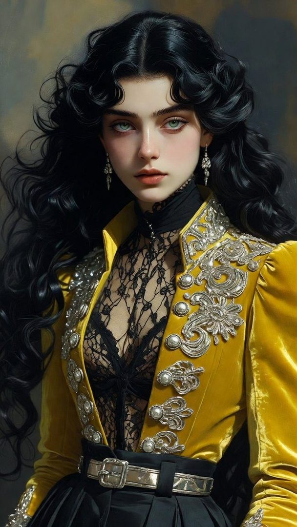 A photorealistic portrait of a woman with long black hair and green eyes, wearing an ornate yellow velvet jacket over a black lace top.