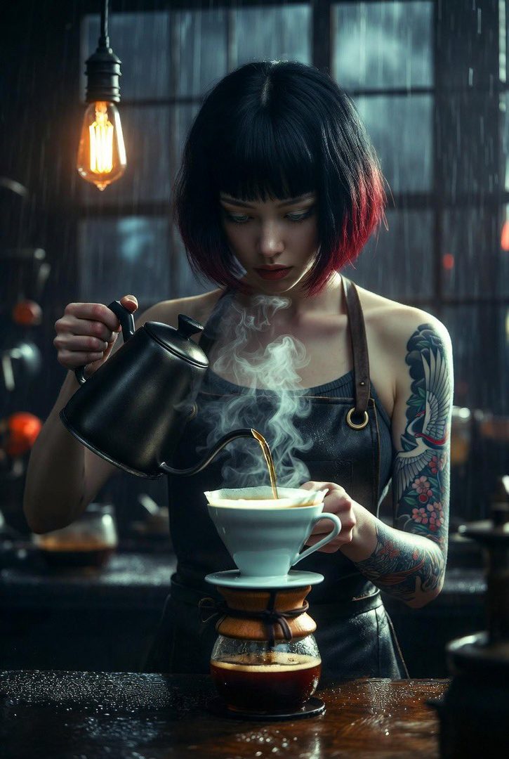 A woman with black and red short hair, wearing an apron, carefully pours hot water into a coffee filter, with steam rising from the cup.