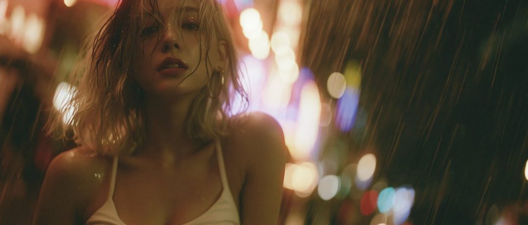 A blonde woman with wet short hair stands in the rain at night, with blurred city lights in the background.