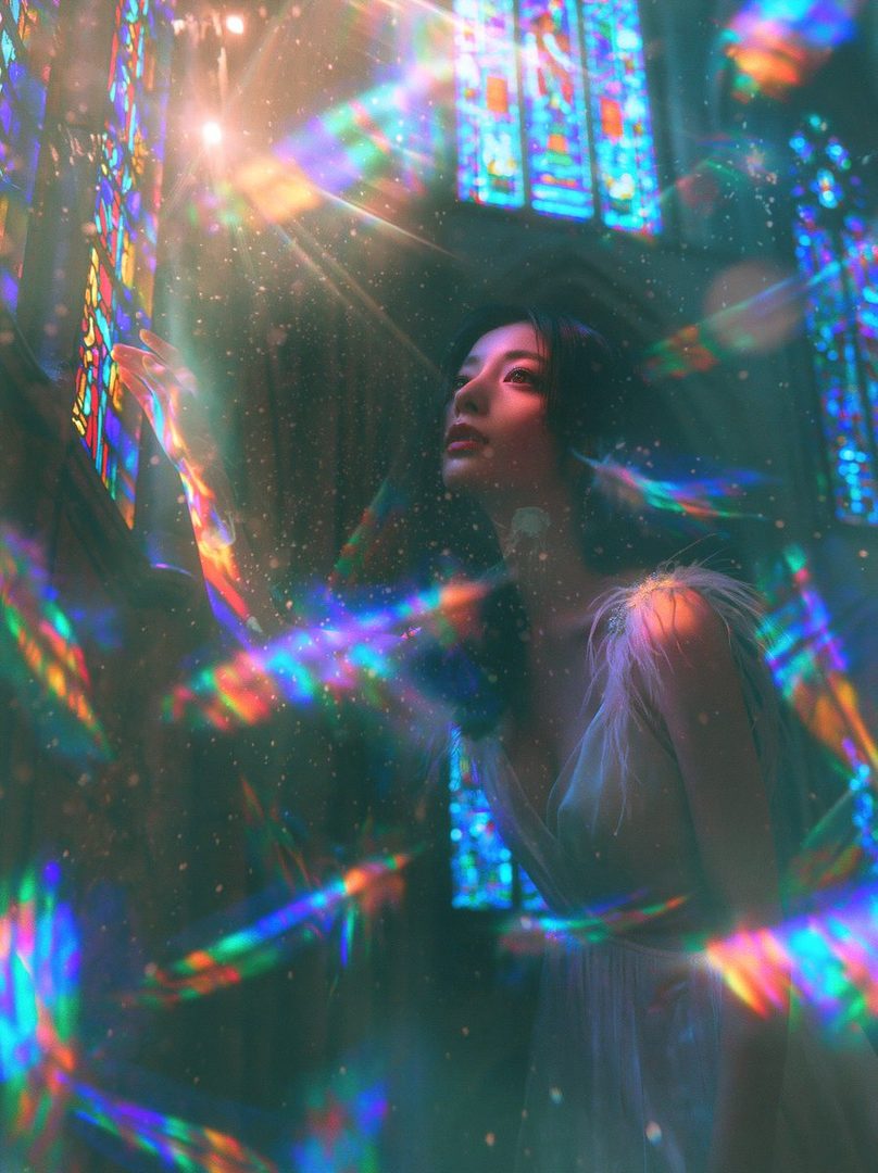 A woman in a white dress stands in a room with stained glass windows, illuminated by colorful light refractions.