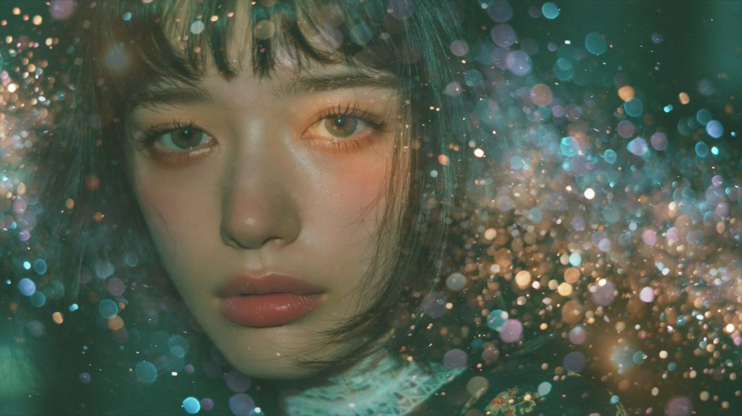 A close-up portrait of a woman with dark hair and bangs, surrounded by sparkling bokeh lights.