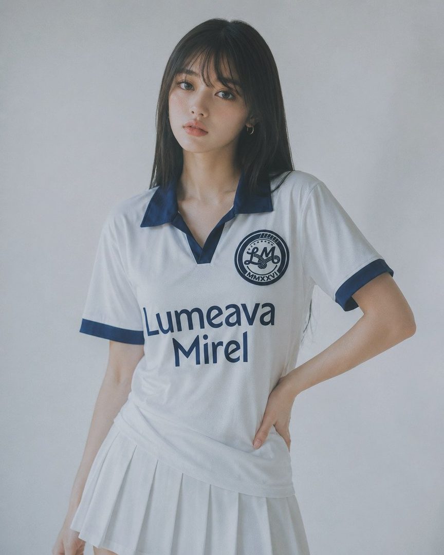 A young woman with long black hair and bangs wears a white and navy sports jersey and a white pleated skirt in a studio setting.