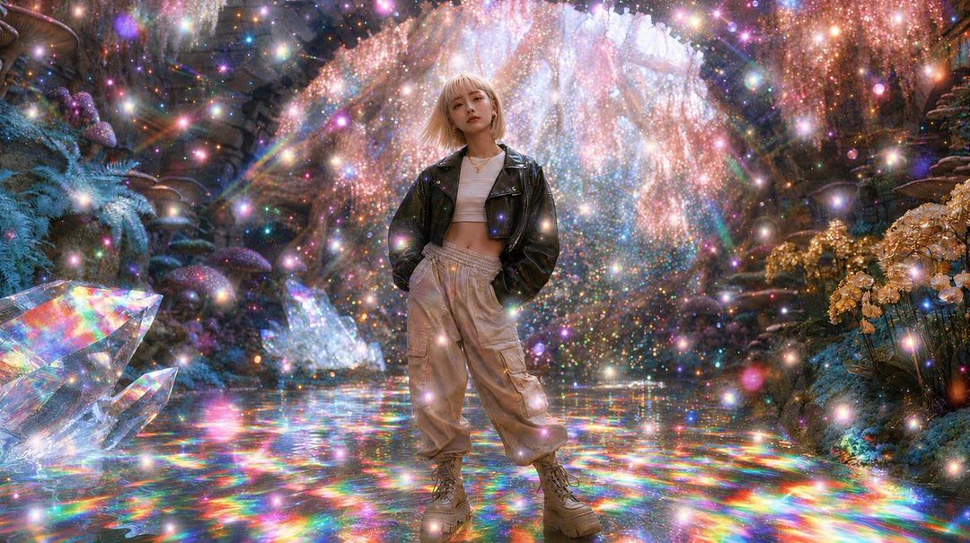 A woman with blonde hair and a black jacket stands in a fantastical, sparkling cave with colorful lights and crystals.