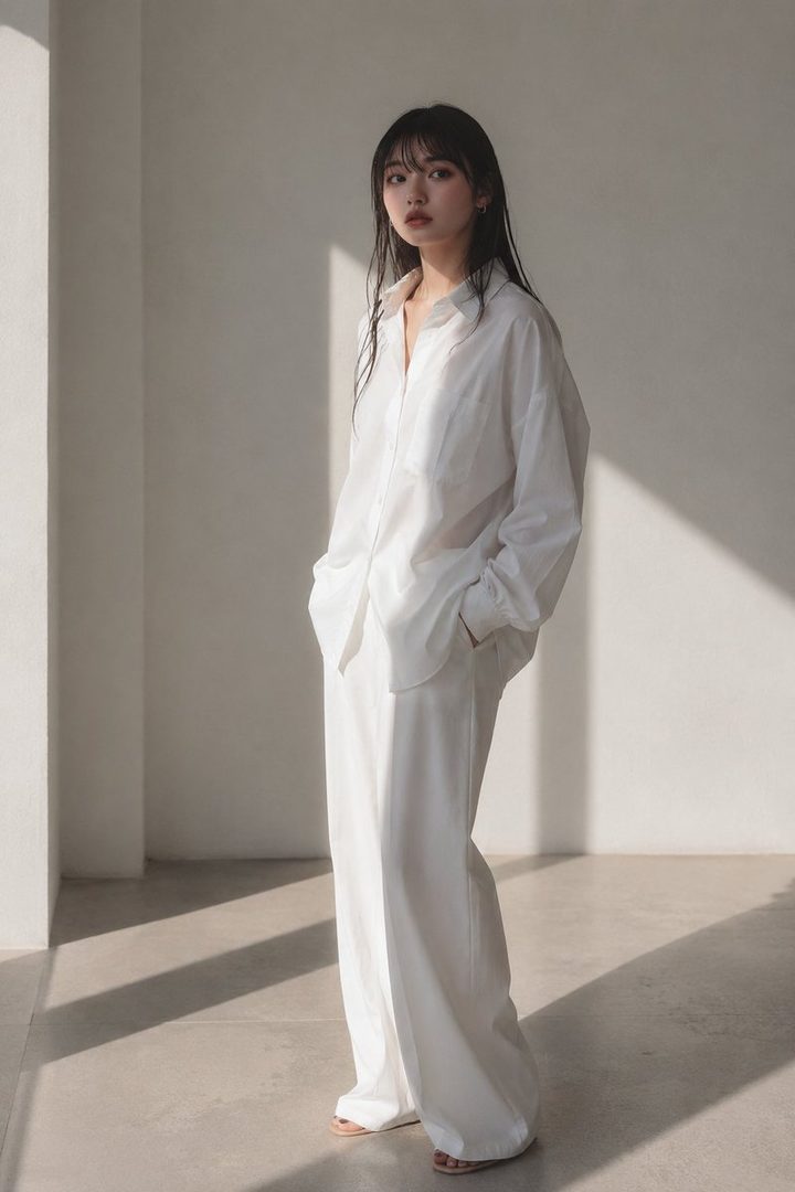 A young woman with long black hair and bangs, wearing a white oversized shirt and white pants, stands indoors with natural light and shadows.