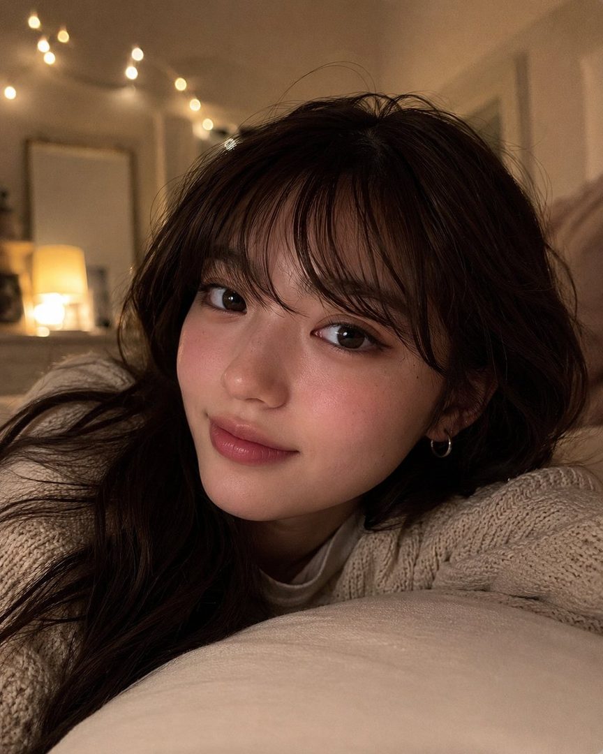 A beautiful woman with long brown hair and bangs, wearing a light-colored sweater, lies on a pillow in a softly lit indoor setting.
