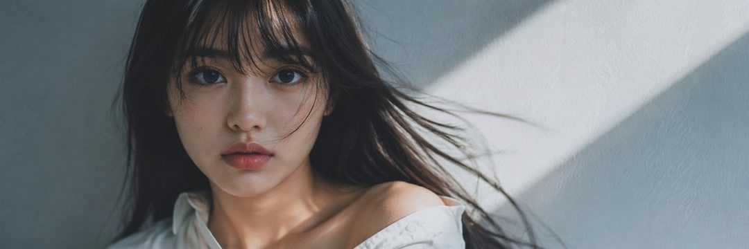 A beautiful East Asian woman with long black hair and bangs, wearing an off-the-shoulder white blouse, gazes directly at the camera in a studio setting with soft lighting.