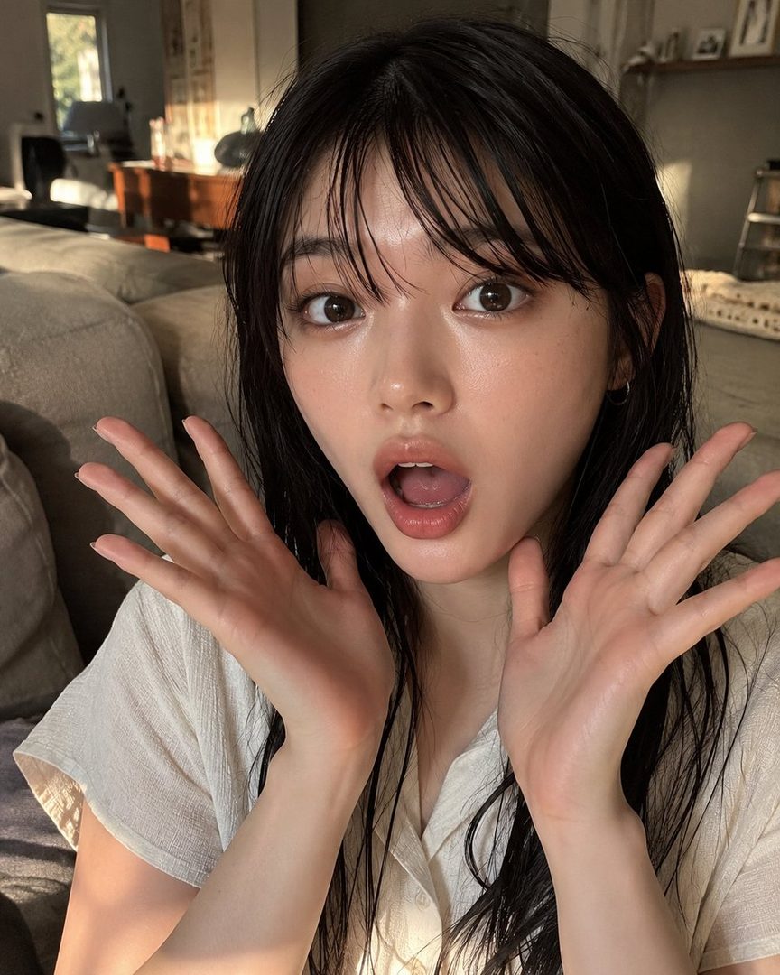 A playful East Asian woman with long black hair and bangs takes a selfie indoors, making a surprised face with her hands up.