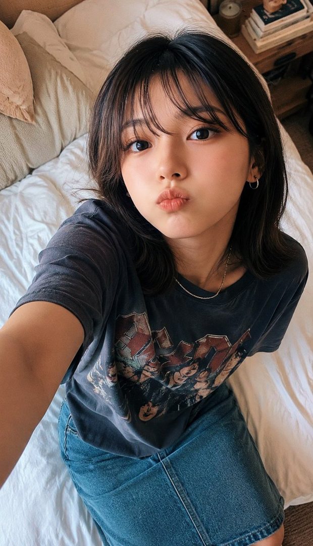 A cute East Asian woman with black hair and bangs takes a selfie in a bedroom, wearing a casual t-shirt and denim skirt.