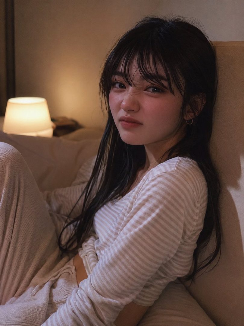 A young woman with long black hair and bangs, wearing a striped top, sits indoors with a soft lamp in the background.