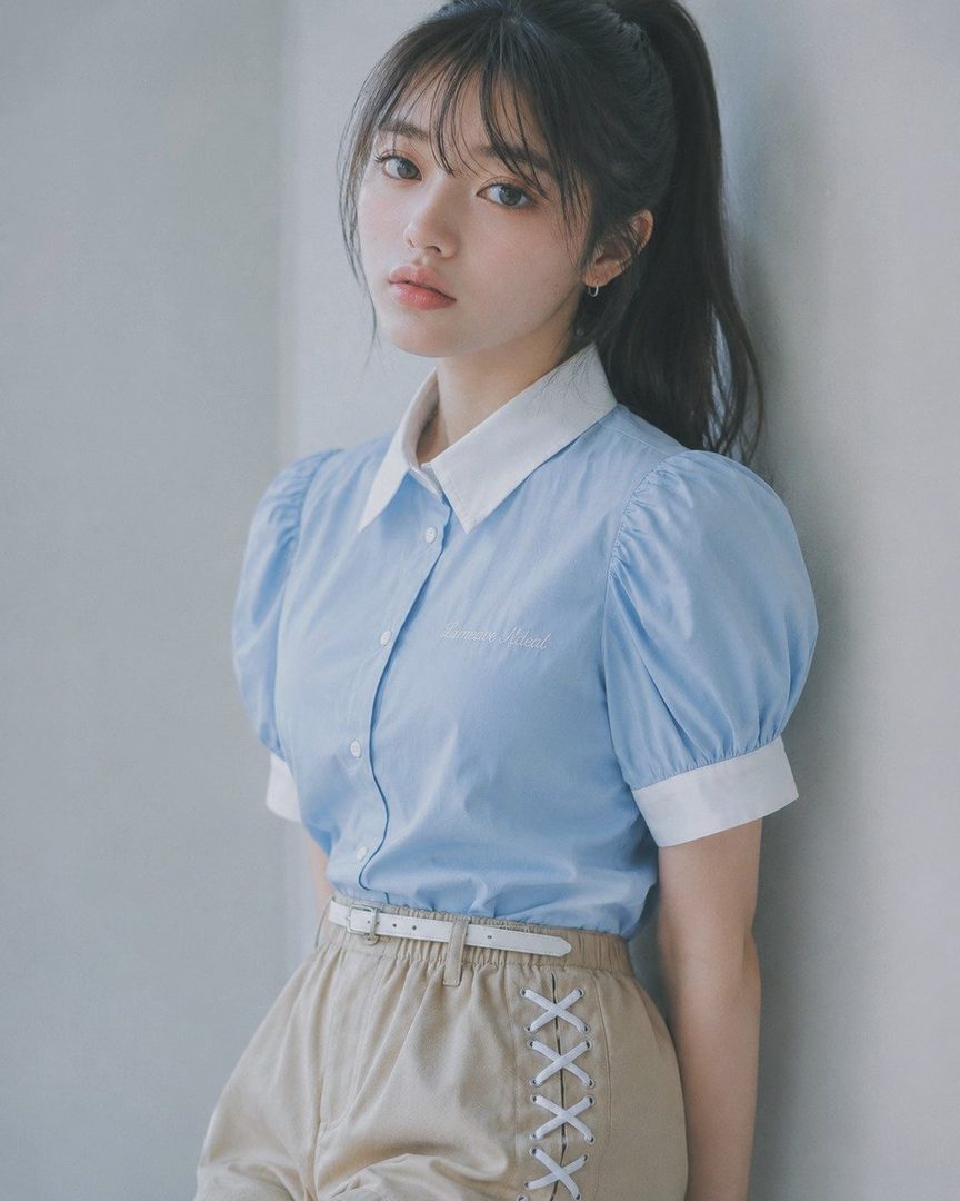 A young woman with black hair in a ponytail and bangs, wearing a light blue blouse and beige shorts, poses against a light wall.