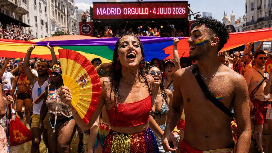A joyful crowd celebrates at a pride parade in Madrid, with a woman in a red top and rainbow skirt holding a Spanish fan, and a man with a rainbow flag painted on his cheek.