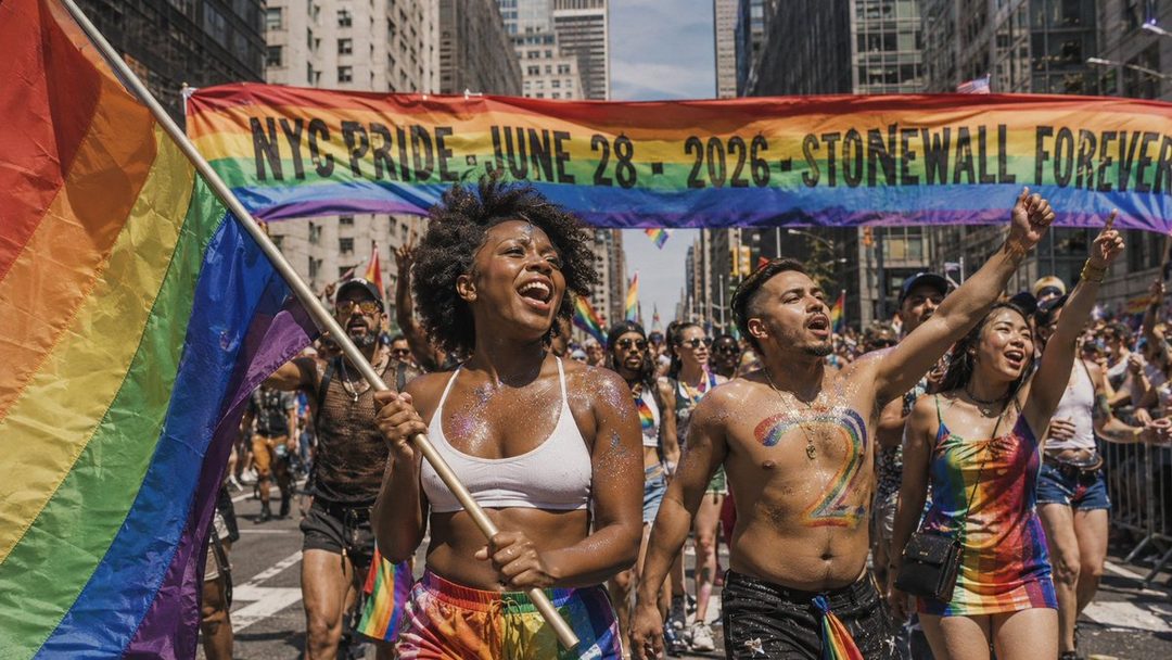 A diverse group of people celebrating at a Pride parade in New York City, holding a rainbow flag and banner.