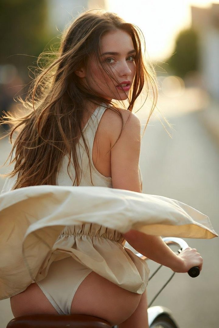 A young woman with long brown hair looks back over her shoulder while riding a bicycle, her dress blowing up in the wind.