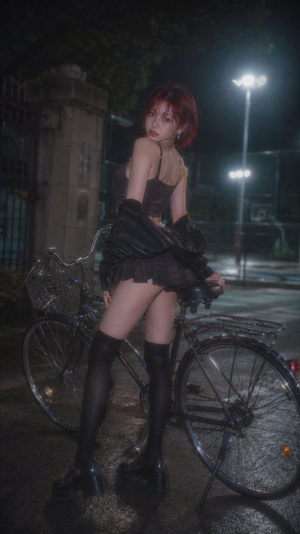 A woman with short red hair and a dark outfit poses next to a bicycle at night.