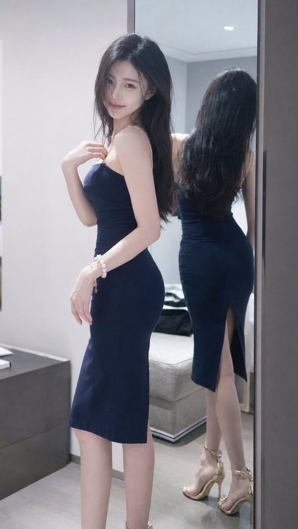 A beautiful woman in a dark blue strapless dress poses elegantly indoors, looking over her shoulder with a gentle smile.