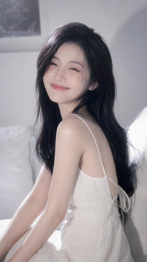A beautiful East Asian woman with long black hair smiles sweetly in a white dress indoors.