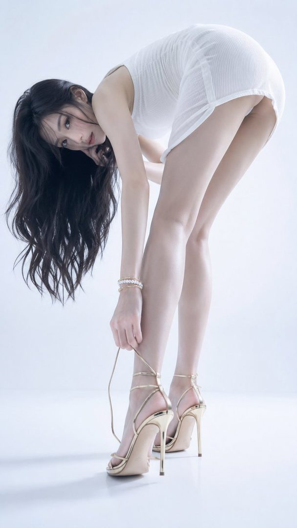 A woman in a white dress bends over to tie her golden high heels in a studio setting.