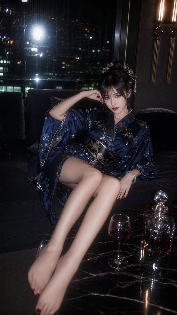 A woman in a blue kimono-style robe reclines on a sofa in a luxurious lounge at night, with city lights visible outside the window.