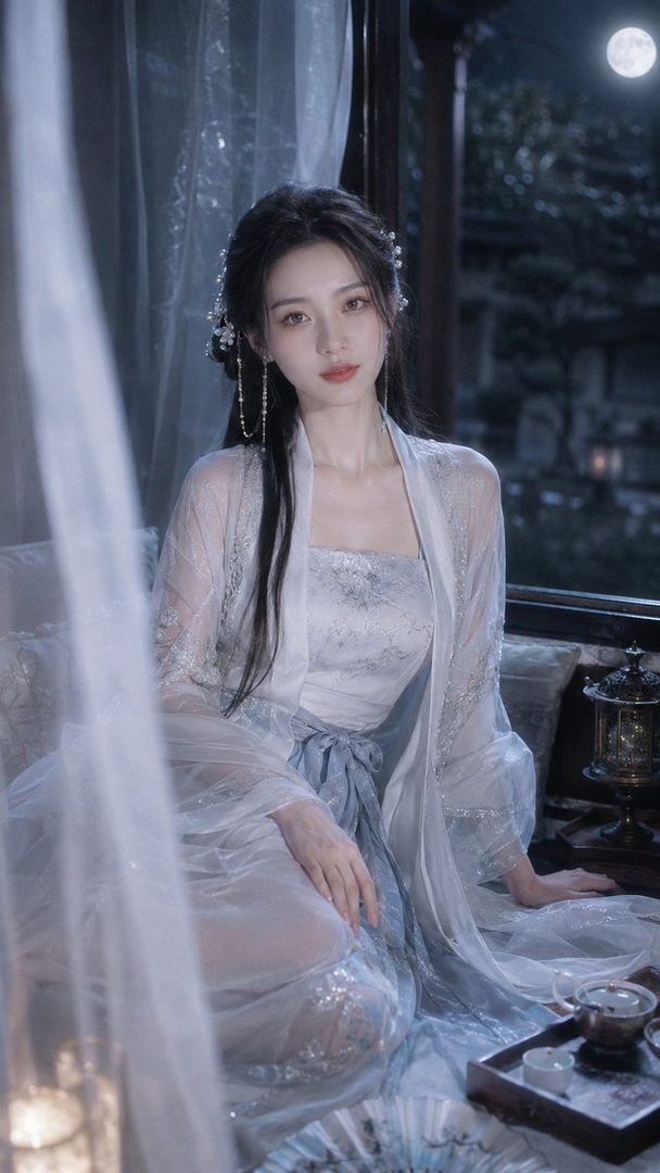 A beautiful Chinese woman in traditional Hanfu attire sits by a window at night, looking serenely at the camera.