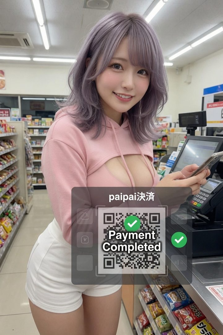 A smiling woman with lavender hair in a pink cropped hoodie and white shorts is paying with her phone at a convenience store checkout.
