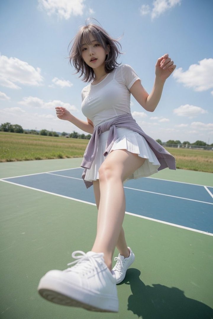 A young woman with purple hair and a white outfit walks on a tennis court under a bright blue sky.