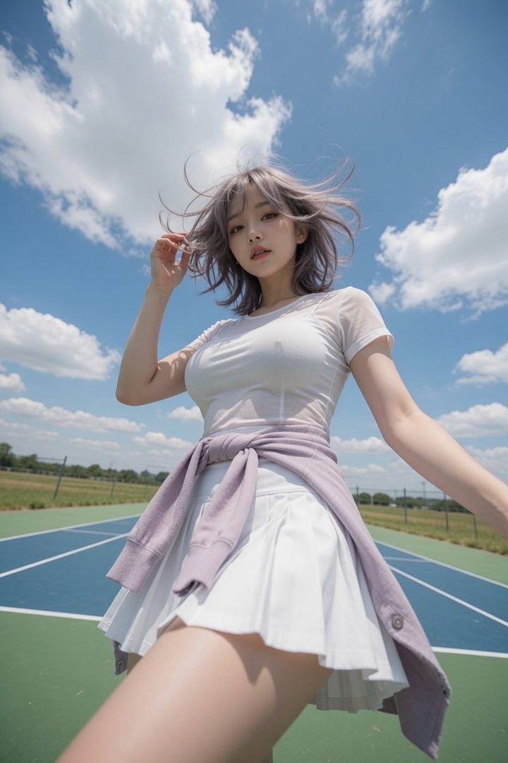 A young woman with lavender hair and a white outfit poses on a tennis court under a bright blue sky.