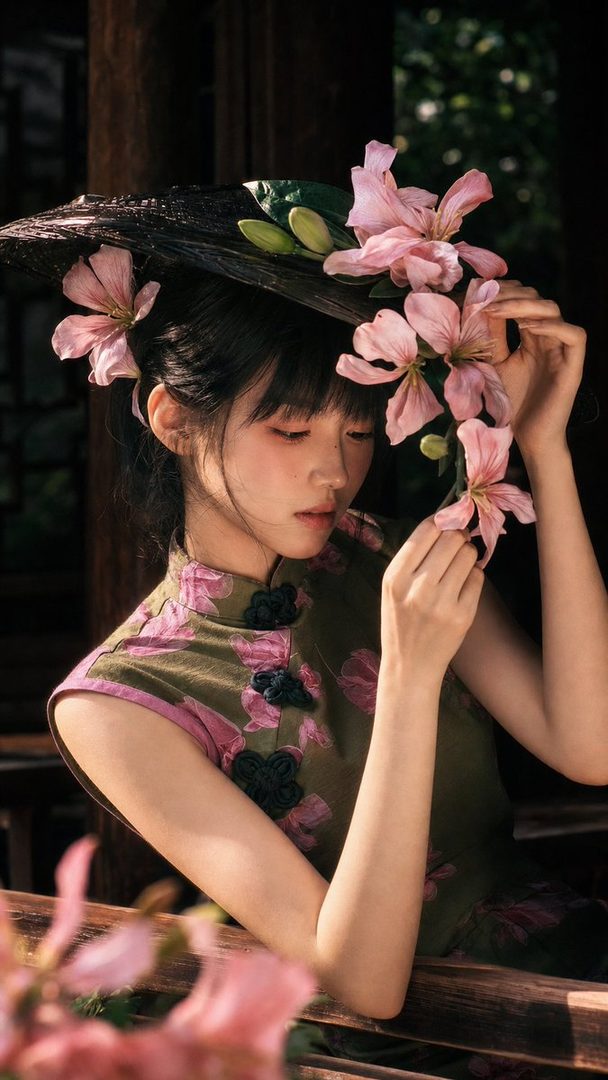 A young woman in a traditional Chinese dress with floral patterns, adorned with pink flowers on her hat, gently touches a flower.